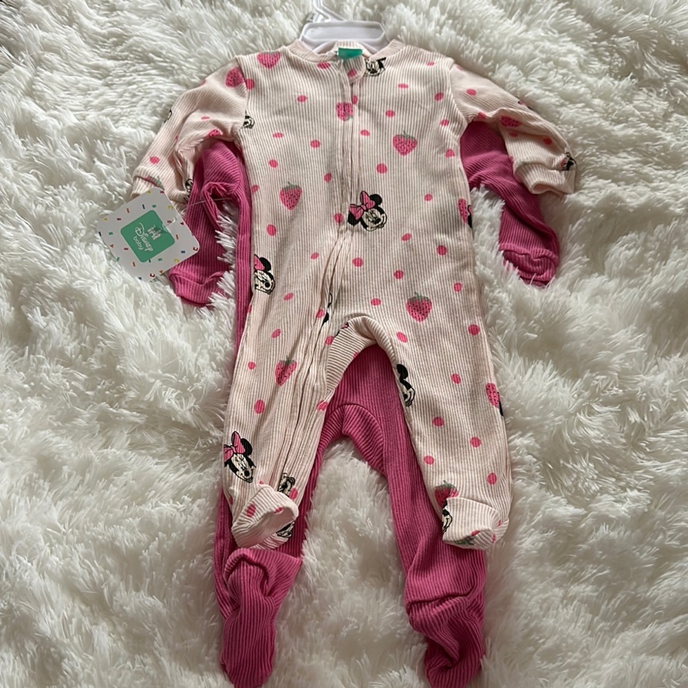 BRAND NEW SET Disney Pink and Cream Footies One Piece with All Over Print